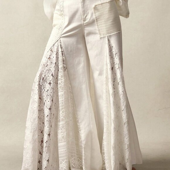 White Casual Women's Boho Bohemian Style Patchwork Mid-Waist Flare Pants - Picture 6 of 14